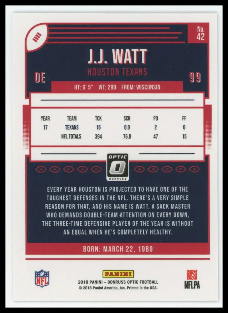 2018 Donruss Optic J.J. Watt 42 Houston Texans - Football Card Single