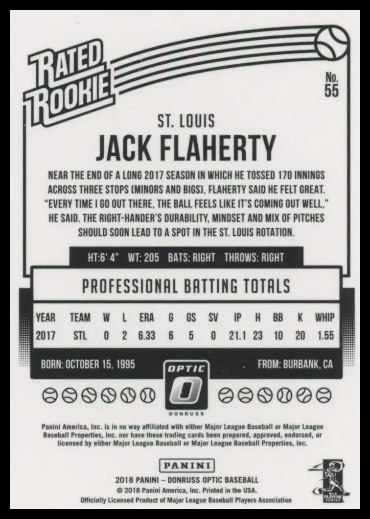 2018 Donruss Optic Jack Flaherty RC 55 St. Louis Cardinals NM - Baseball Card Single