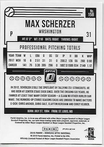 Original gloss baseball trading card for Max Scherzer Donruss Optic Red and Yellow