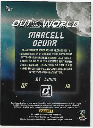Baseball card back featuring 2018 Donruss Out of this World Crystals Marcell Ozuna NM-MT