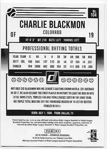 2018 Donruss Variations #104 Charlie Blackmon NM-MT Rockies - Baseball Card Single
