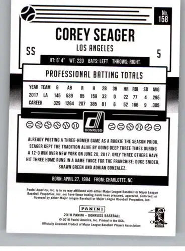 Back of a Corey Seager baseball card with original gloss from 2018 Donruss Variations