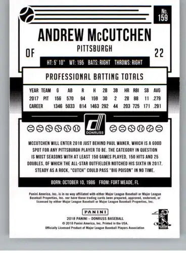 2018 Donruss Variations Andrew McCutchen baseball card with original gloss Pirates