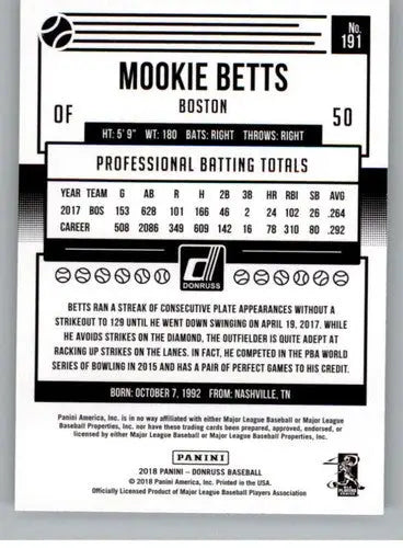 2018 Donruss Variations #191B Mookie Betts NM-MT Red Sox Black Sleeves - Baseball Card Single