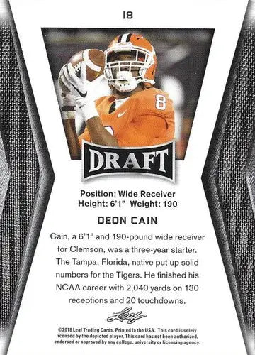 Deon Cain football card from Leaf Draft 2018 with original gloss, product ID 10730