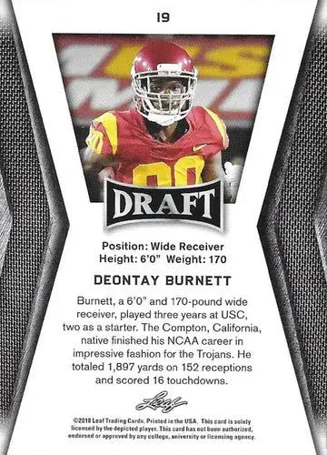 2018 Leaf Draft #19 Deontay Burnett NM-MT - Football Card Single