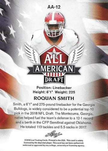 2018 Leaf Draft Roquan Smith football card with original gloss in perfect NM-MT condition