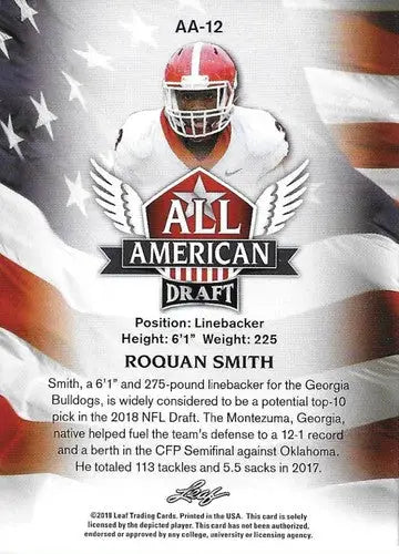 2018 Leaf Draft Roquan Smith football card with original gloss in NM-MT condition