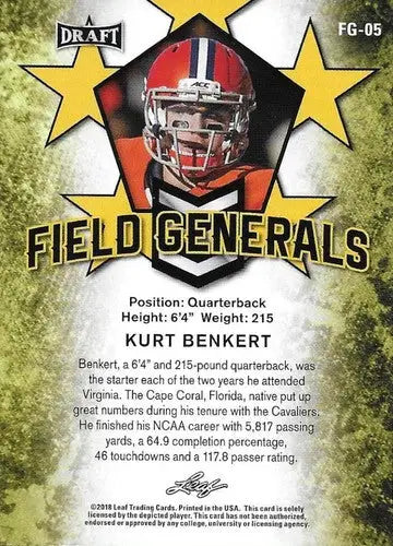 2018 Leaf Draft Field Generals #FG-05 Kurt Benkert NM-MT ID:10819 - Football Card Single