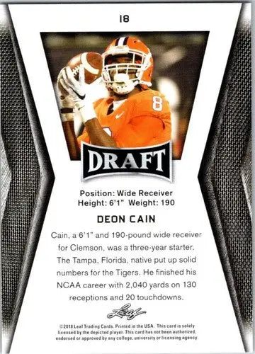 2018 Leaf Draft Gold Deon Cain football card in mint condition from Leaf Draft collection