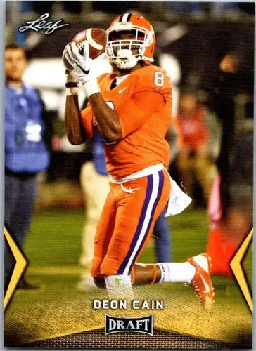 Football player catching ball from 2018 Leaf Draft Gold Deon Cain NM-MT card