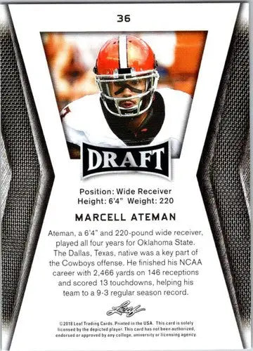 Football trading card featuring Marcell Ateman from 2018 Leaf Draft Gold NFL collection