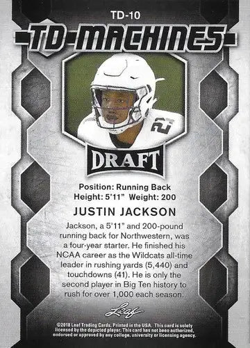 Justin Jackson football card from 2018 Leaf Draft TD Machines Gold product
