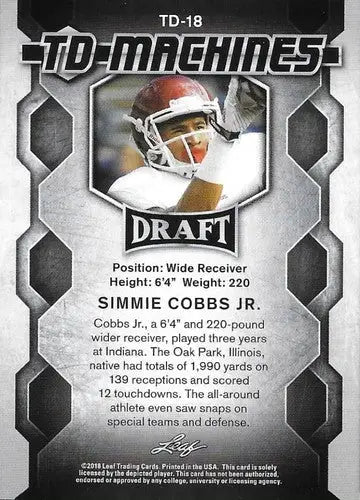 2018 Leaf Draft TD Machines Gold #TD-18 Simmie Cobbs Jr. NM-MT ID:10850 - Football Card Single