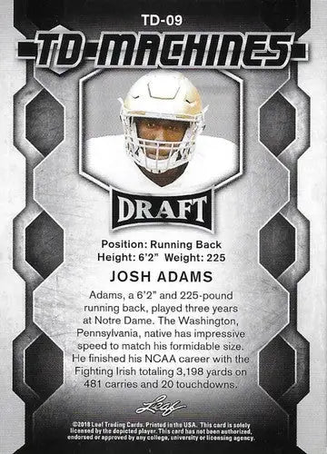 Josh Adams football card from Leaf Draft TD Machines 2018 with original gloss condition