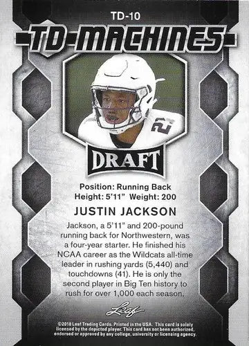 Justin Jackson football card from 2018 Leaf Draft TD Machines series, original gloss