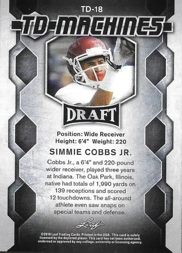 Original gloss Football trading card from Leaf Draft TD Machines featuring Simmie Cobbs Jr