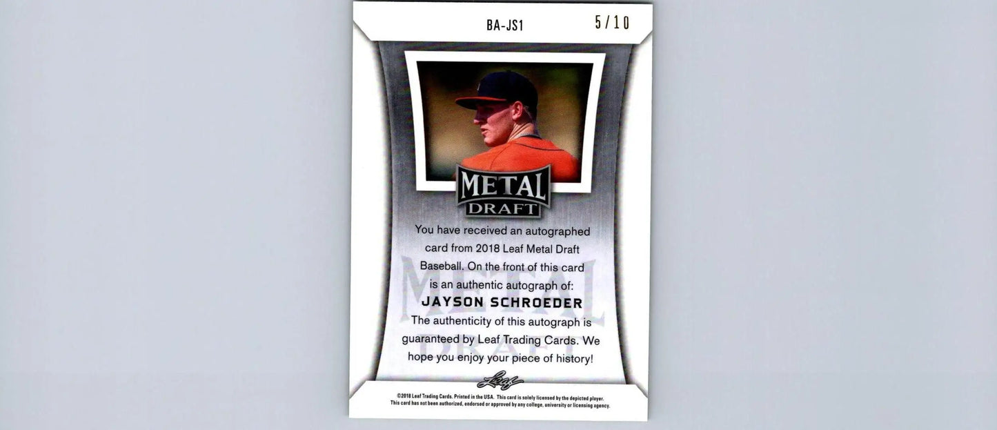 Jayson Schroeder baseball card from 2018 Leaf Metal Draft Green #/10 edition
