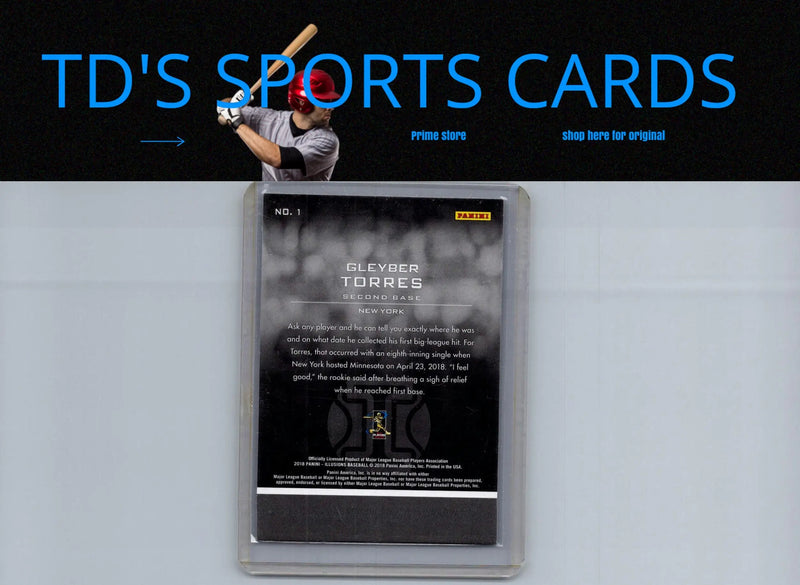 Baseball card in protective case featuring Gleyber Torres Illusions from 2018 Panini Chronicles