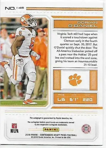 2018 Panini Contenders Draft Picks College Ticket #146 Dorian O’Daniel NM-MT Aut - Football Card Single