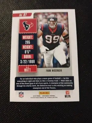 2018 Panini Contenders - J.J. Watt #61. Houston Texans. NRMT+ - Football Card Single