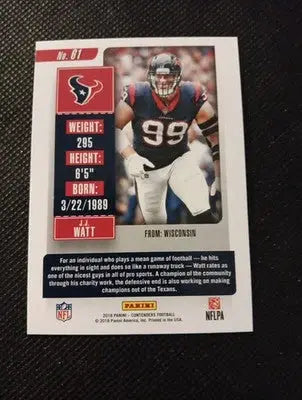 2018 Panini Contenders - J.J. Watt #61. Houston Texans. NRMT+ - Football Card Single