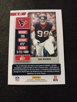 2018 Panini Contenders - J.J. Watt #61. Houston Texans. NRMT+ - Football Card Single