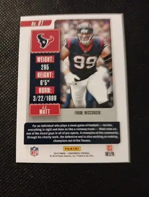 2018 Panini Contenders - J.J. Watt #61. Houston Texans. NRMT+ - Football Card Single