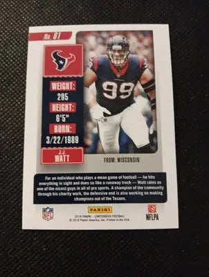 2018 Panini Contenders - J.J. Watt #61. Houston Texans. NRMT+ - Football Card Single