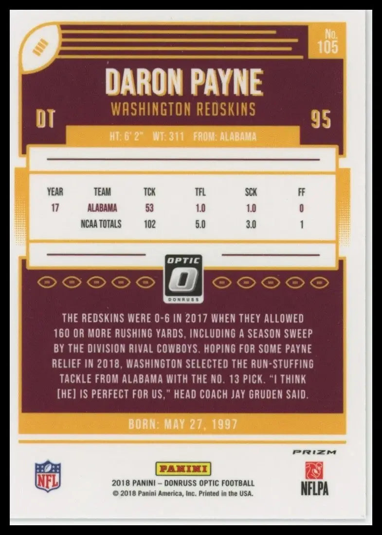 2018 Panini Donruss Optic Red and Yellow Daron Payne Rookie #105 Washington Card