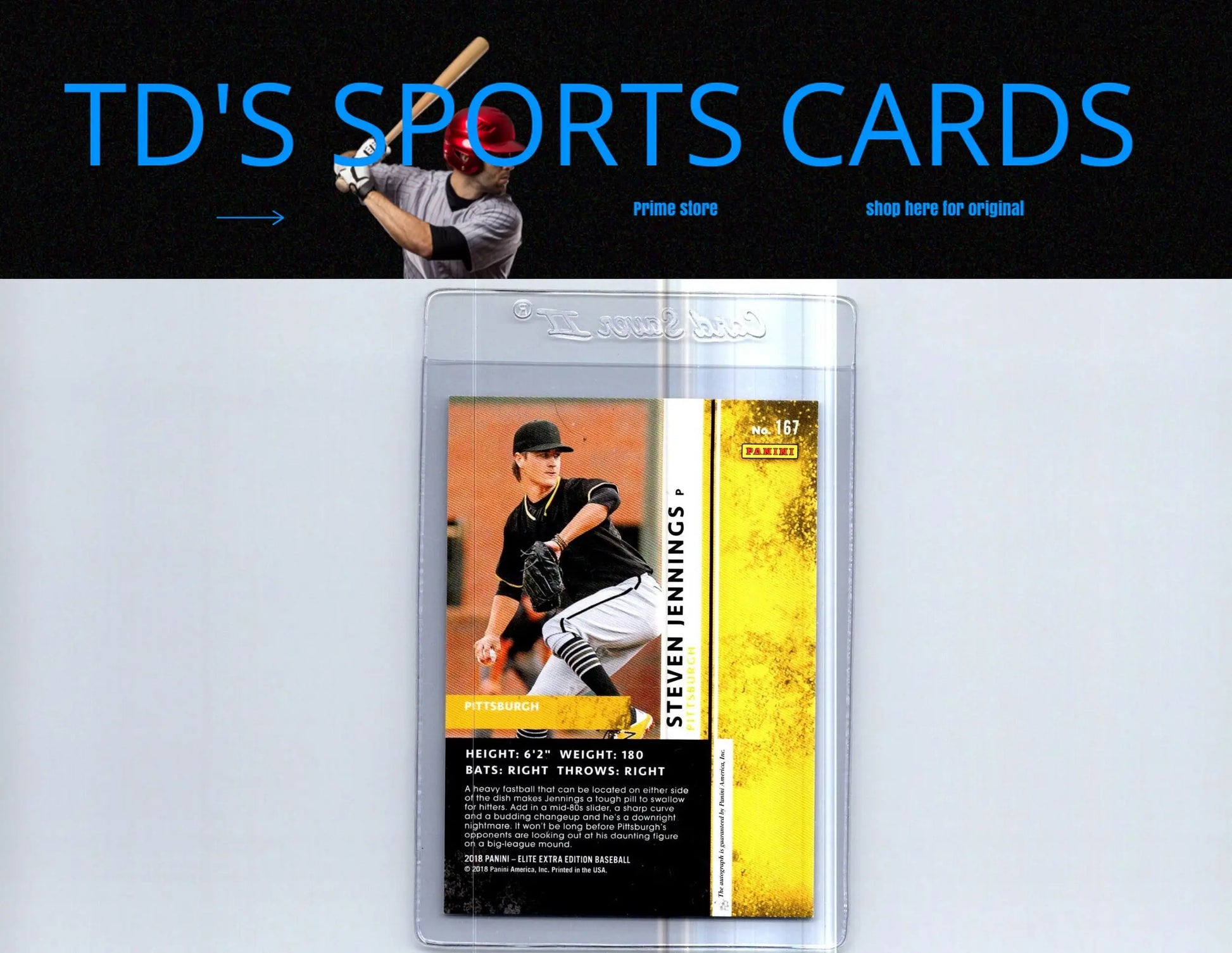 Baseball card of Steven Jennings in protective case from Panini Elite Extra Edition