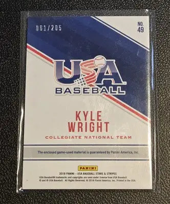 2018 Panini USA Baseball Stars & Stripes Kyle Wright Tools of the Trade #/205 - Baseball Card Single