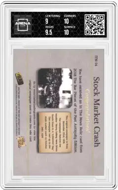 Graded stock market crash collectible card with newspaper snippets and QR code from Arena Club