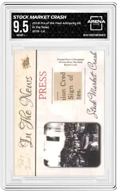 Graded collectible card featuring newspaper clipping about the 2018 Stock Market Crash Arena Club
