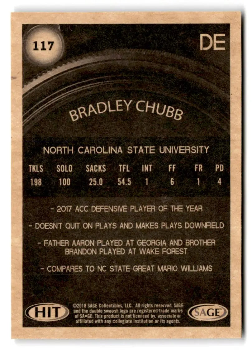 2018 SAGE HIT #117 Bradley Chubb - Football Card Single