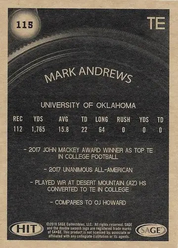 2018 SAGE Hit Premier Draft Mark Andrews football card 115B NM-MT collectible