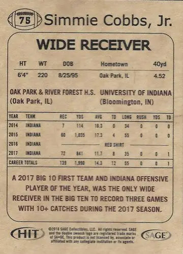 Football card with player statistics from 2018 SAGE Hit Premier Draft Simmie Cobbs Jr