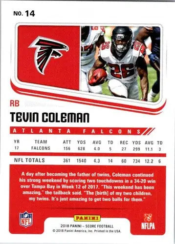 2018 Score #14 Tevin Coleman NM-MT Falcons - Football Card Single