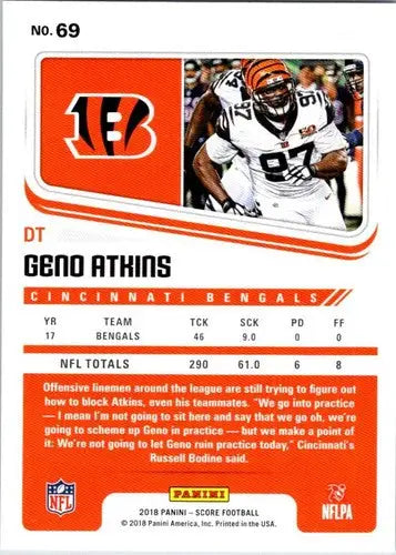 Geno Atkins football card in original gloss from 2018 Score #69 Bengals NM-MT