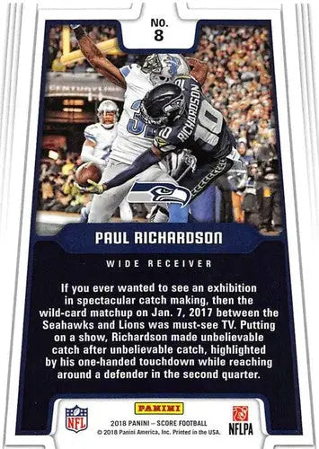 Paul Richardson football card from 2018 Score All Hands Team with original gloss