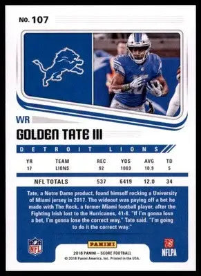 2018 Score Base Golden Tate III Detroit Lions 107 - Football Card Single