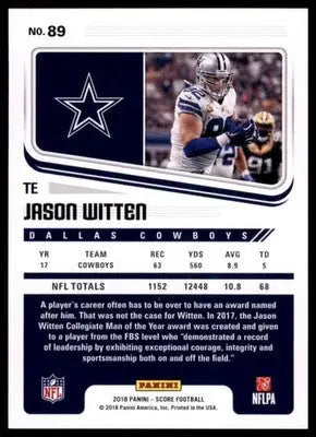 2018 Score Base Jason Witten Dallas Cowboys 89 - Football Card Single