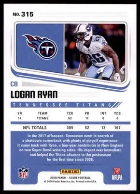 2018 Score Base Logan Ryan Tennessee Titans 315 - Football Card Single