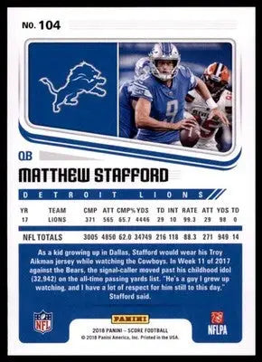 2018 Score Base Matthew Stafford Detroit Lions 104 - Football Card Single