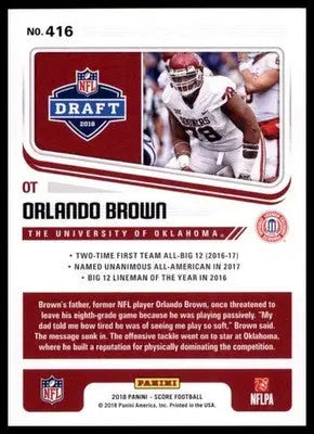 2018 Score Base Orlando Brown Oklahoma Sooners 416 Rookie - Football Card Single