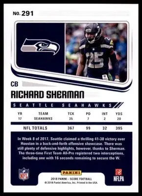 2018 Score Base Richard Sherman Seattle Seahawks 291 - Football Card Single