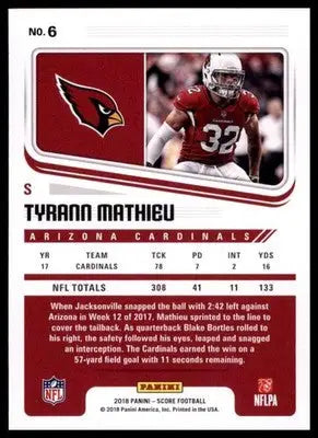 2018 Score Base Tyrann Mathieu Arizona Cardinals 6 - Football Card Single