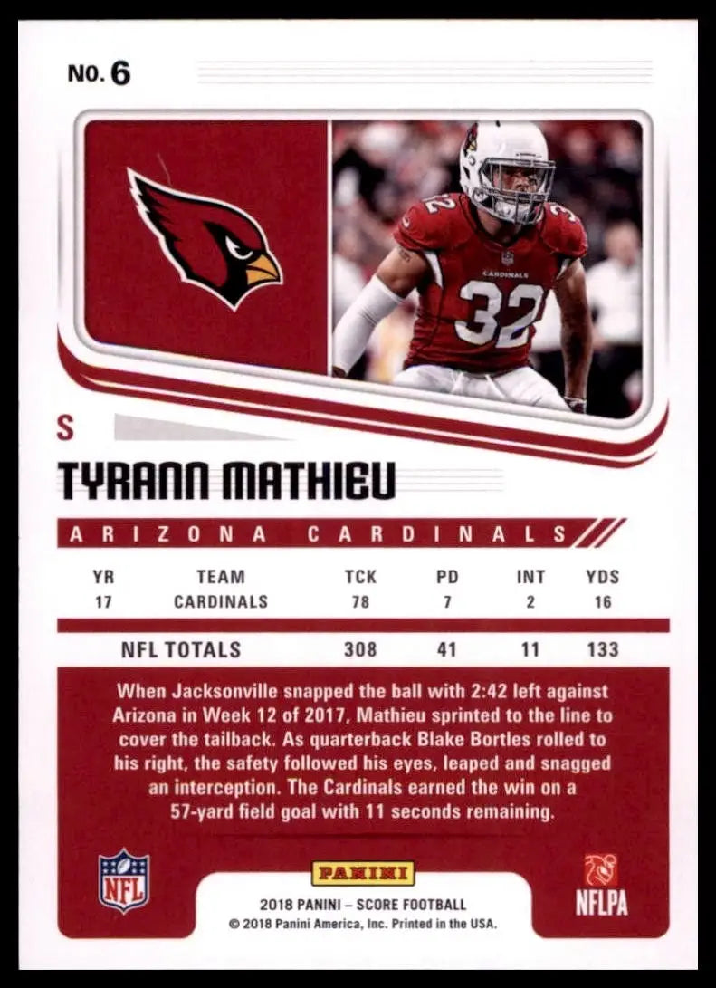 2018 Score - Tyrann Mathieu #6 - Football Card Single