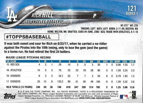 2018 Topps #121 Rich Hill NM-MT Dodgers - Baseball Card Single