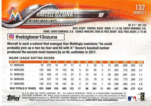 2018 Topps #132 Marcell Ozuna NM-MT Marlins - Baseball Card Single